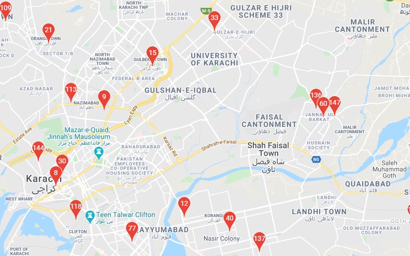 Locations Portal driver pins plotted across central Karachi
