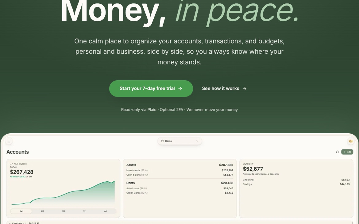 MoneyYogi dashboard showing net worth, assets, debts, and liquidity
