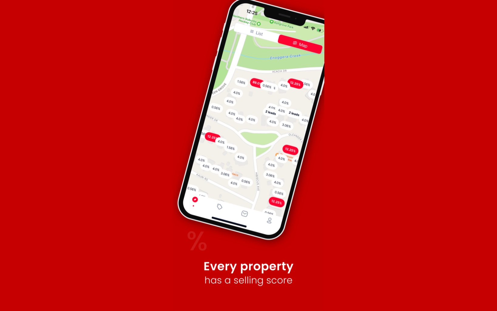 Get Listings map view showing per-property selling scores across a suburb