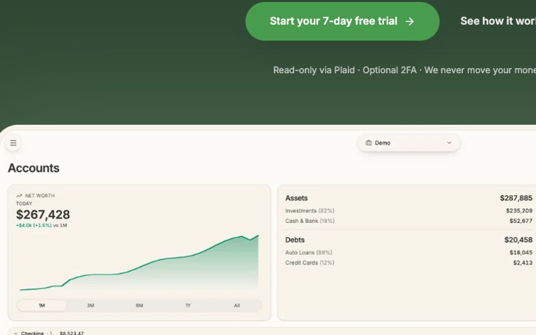 MoneyYogi net-worth chart and account breakdown