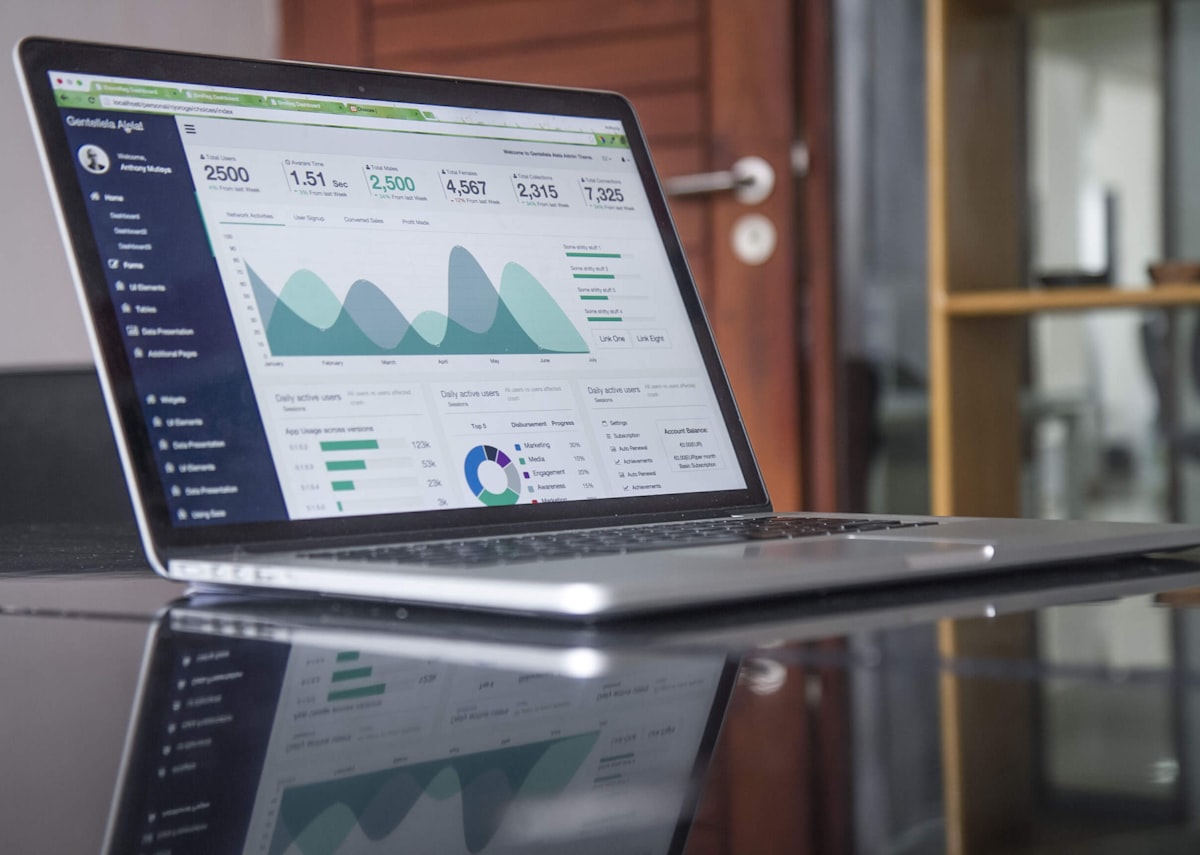 Laptop showing a product dashboard with charts and KPIs.