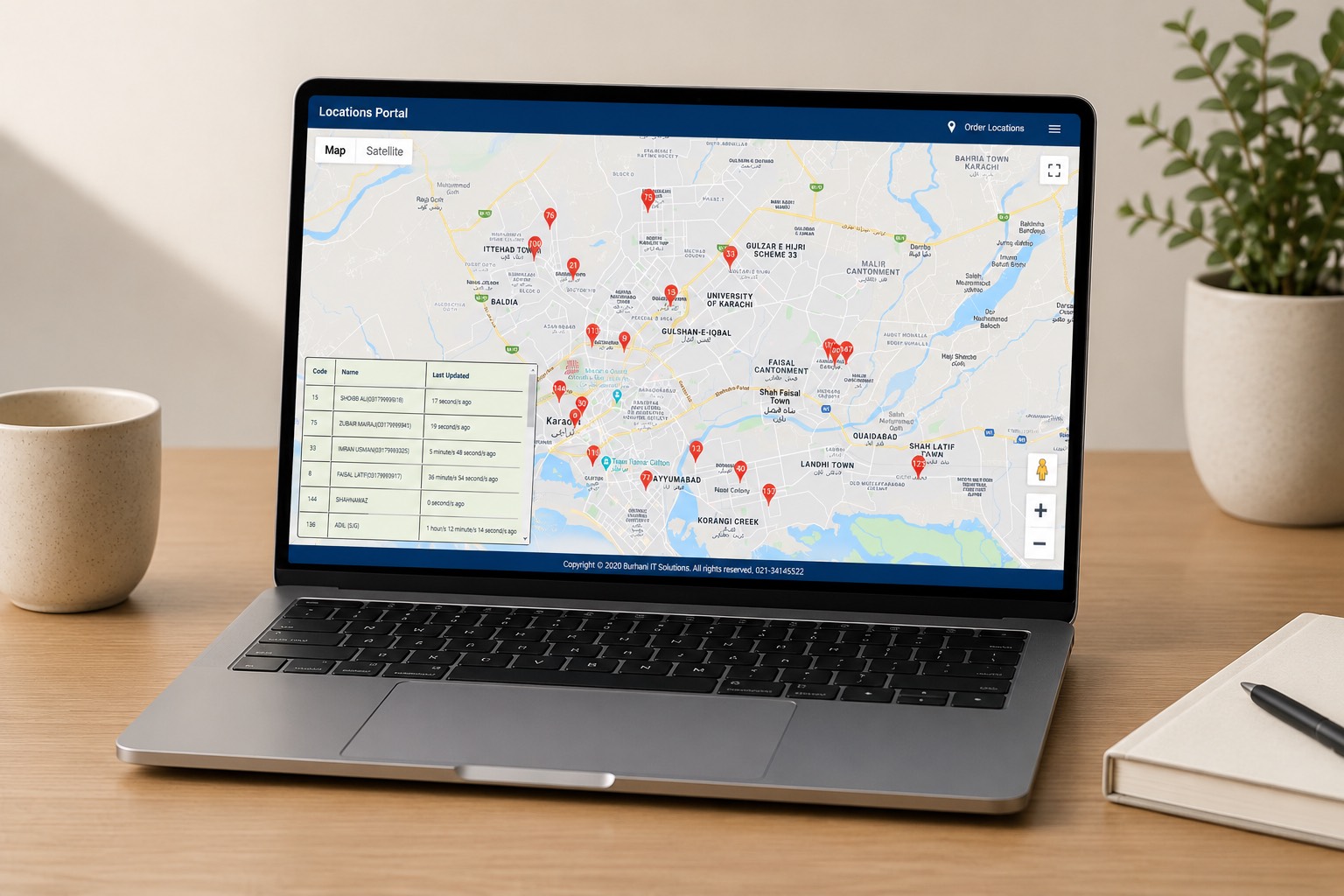 Locations Portal showing live driver pins across a Karachi map