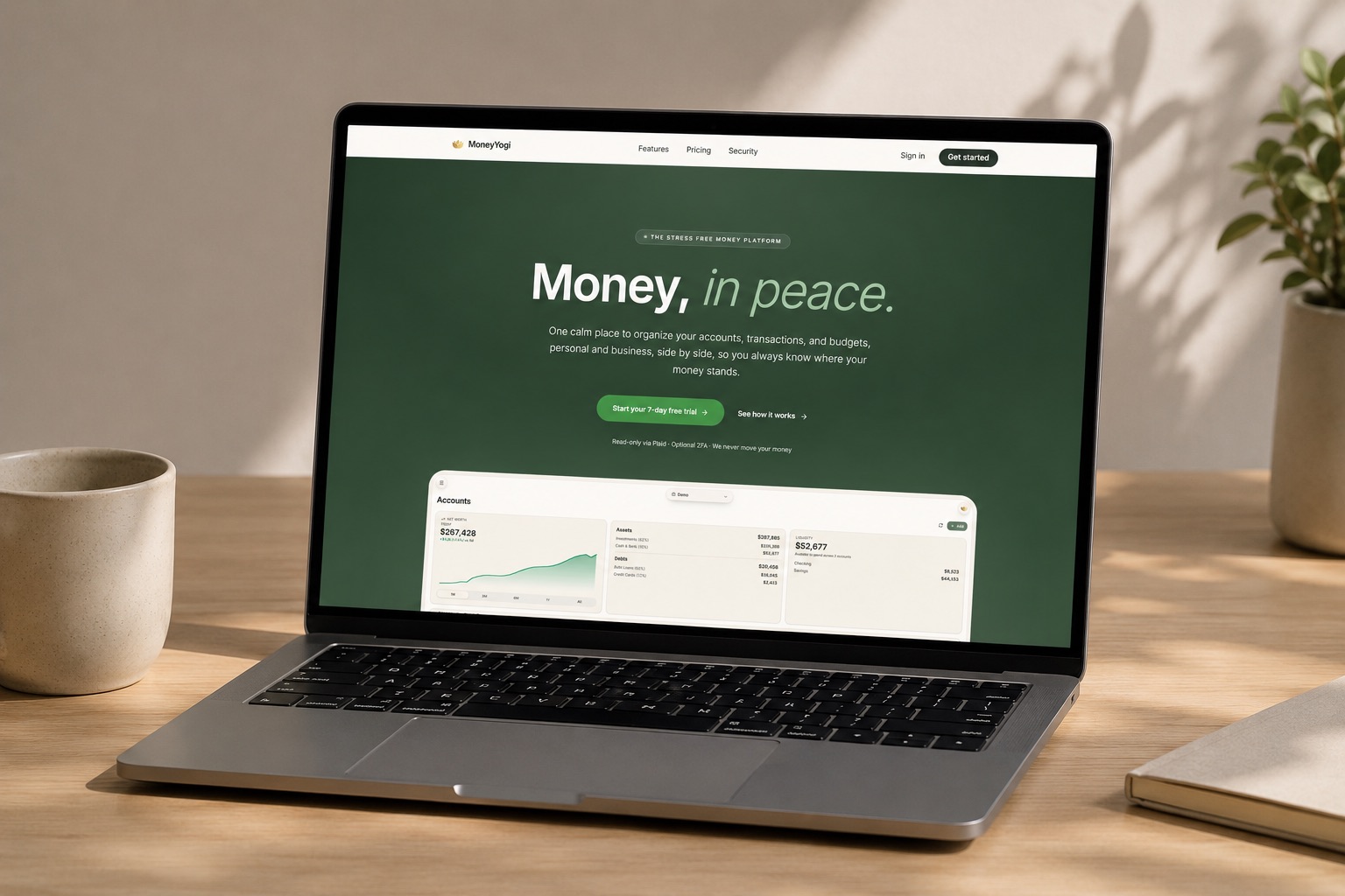 MoneyYogi landing page with the headline 'Money, in peace'